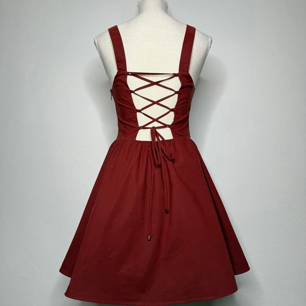 Free People East Side Red Lace Up Fit And Flare Mini Dress Pockets Size S
